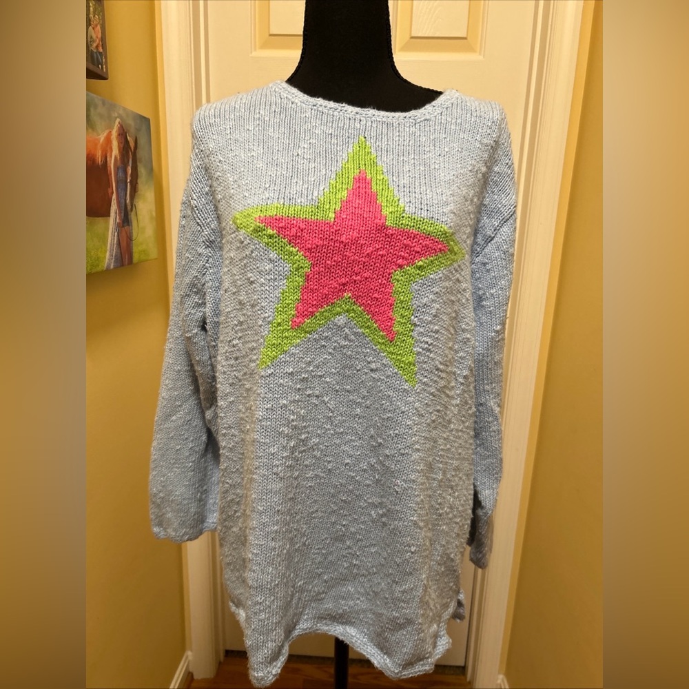 Quacker Factory Light Blue Knit with Pink and Green Star Accents